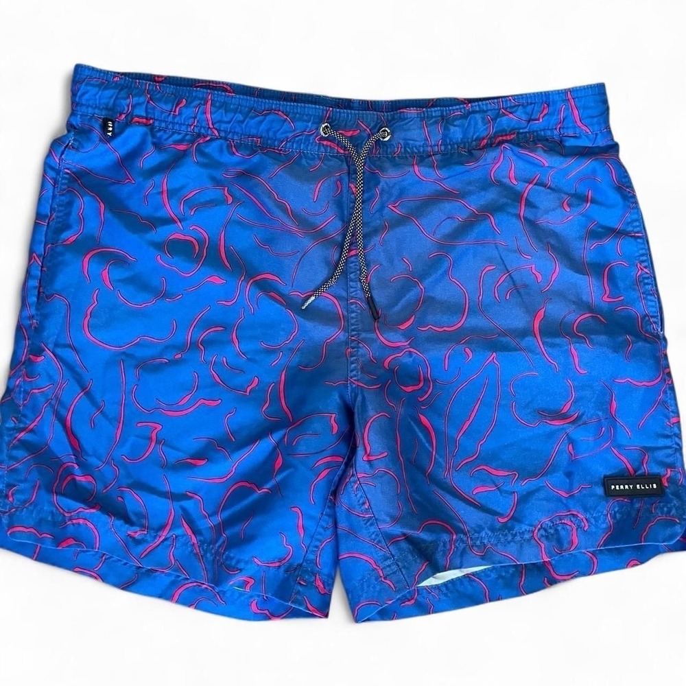 Vintage Perry Ellis Swim Trunks Blue with Red Abstract Print Y2K Designer‎